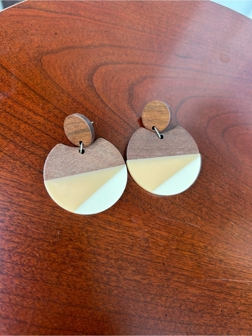 Wood and Cream Geometric Drop Earrings
